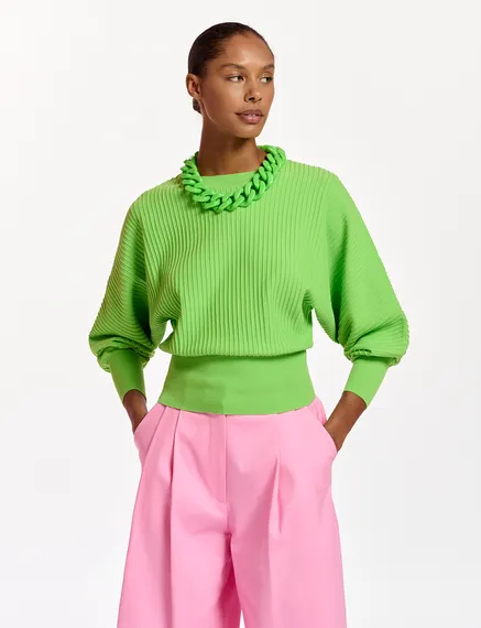 Green knitted sweater with fitted waist