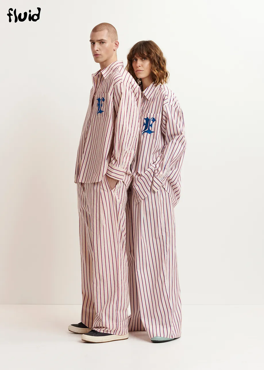 Ecru, burgundy and blue striped cotton pants