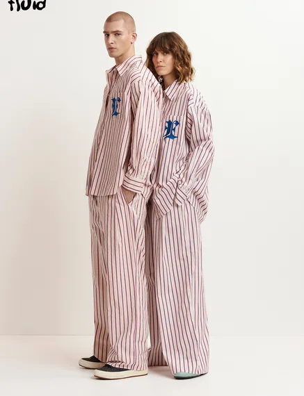 Ecru, burgundy and blue striped cotton pants