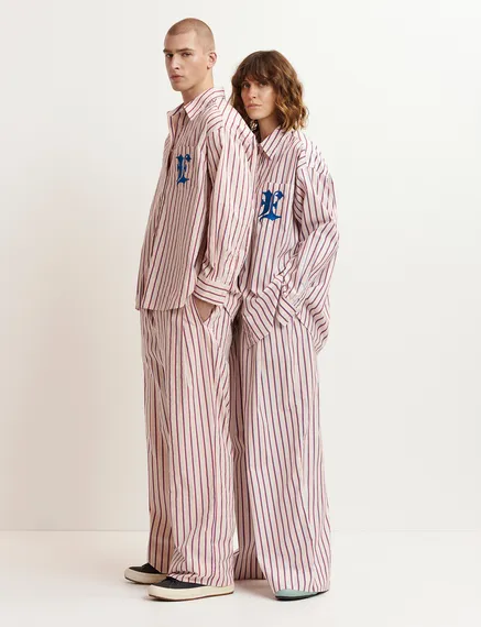 Ecru, burgundy and blue striped cotton pants