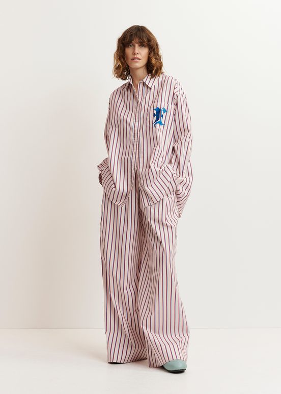 Ecru, burgundy and blue striped cotton pants