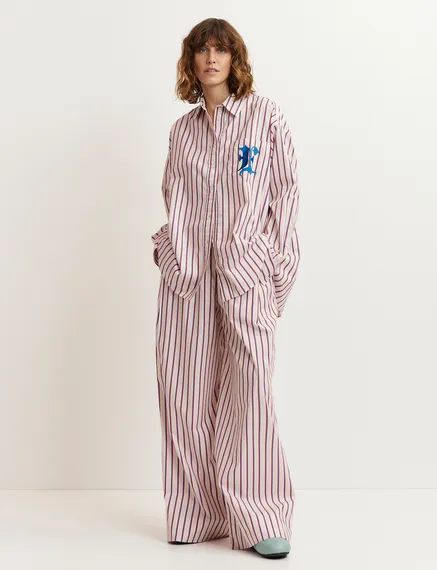 Ecru, burgundy and blue striped cotton pants