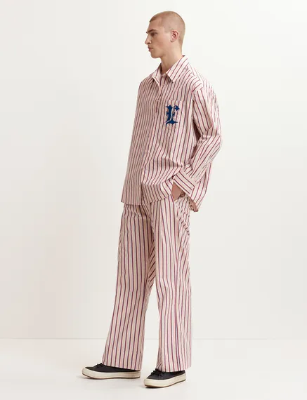 Ecru, burgundy and blue striped cotton pants