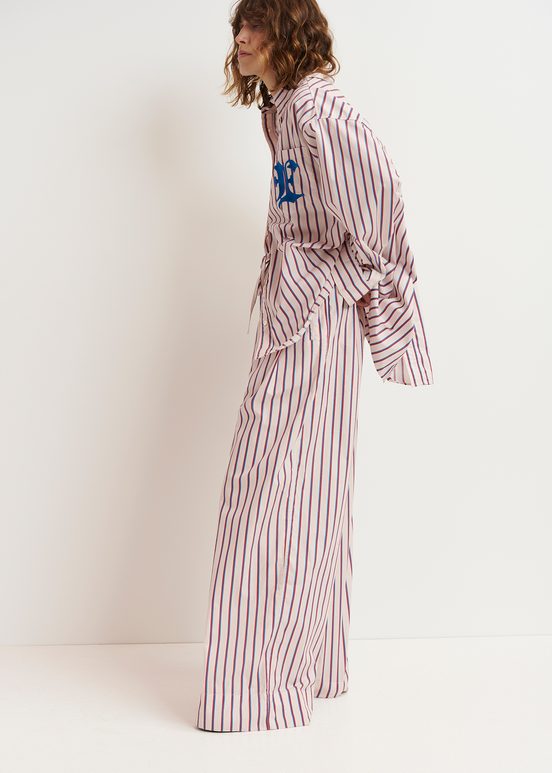 Ecru, burgundy and blue striped cotton pants