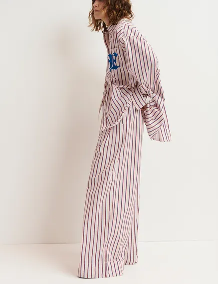 Ecru, burgundy and blue striped cotton pants