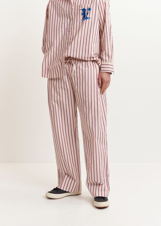 Ecru, burgundy and blue striped cotton pants