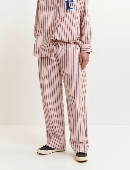 Ecru, burgundy and blue striped cotton pants