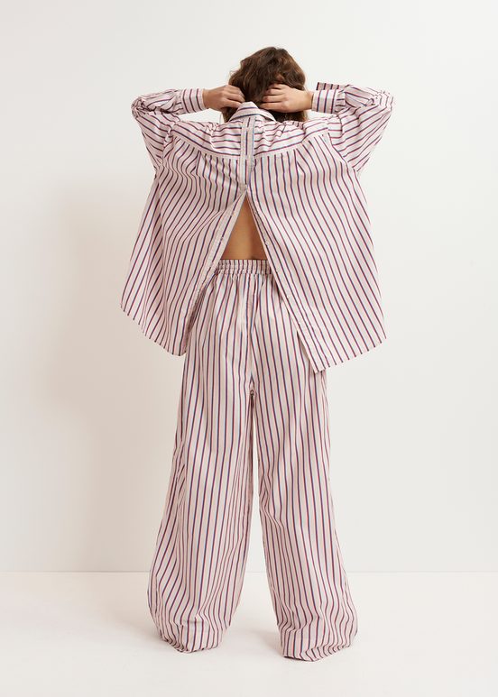 Ecru, burgundy and blue striped cotton pants