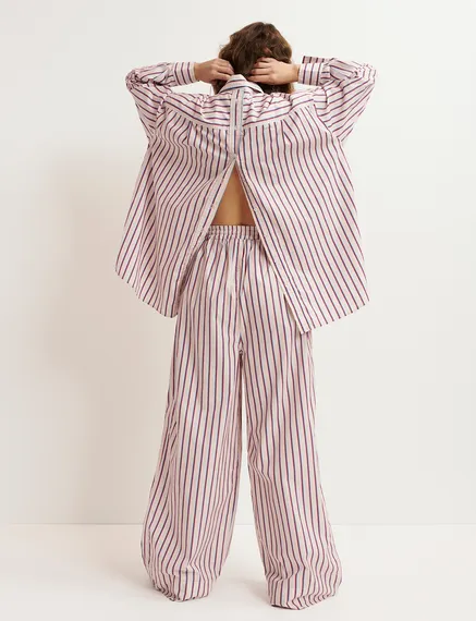 Ecru, burgundy and blue striped cotton pants