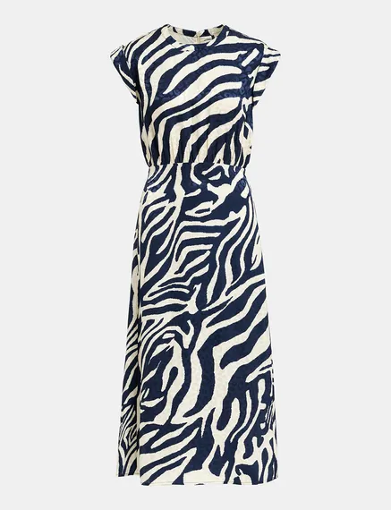 Navy blue and off-white zebra-print midi dress