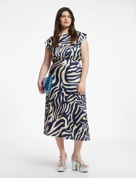 Midi-jurk met marineblauwe en gebroken witte zebraprint