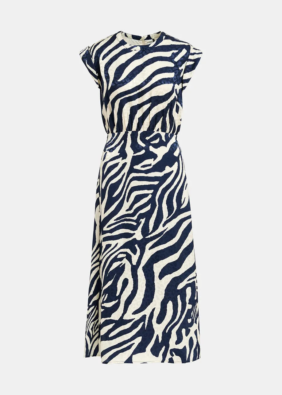 Navy blue and off-white zebra-print midi dress