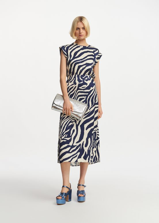 Marineblaues und cremefarbenes Midikleid mit Zebra-Print