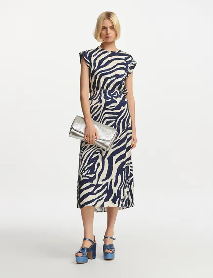 Navy blue and off-white zebra-print midi dress