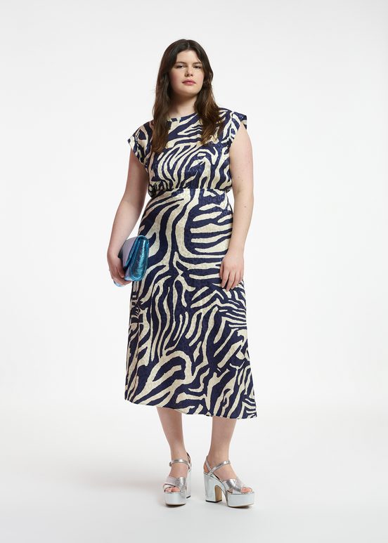 Marineblaues und cremefarbenes Midikleid mit Zebra-Print