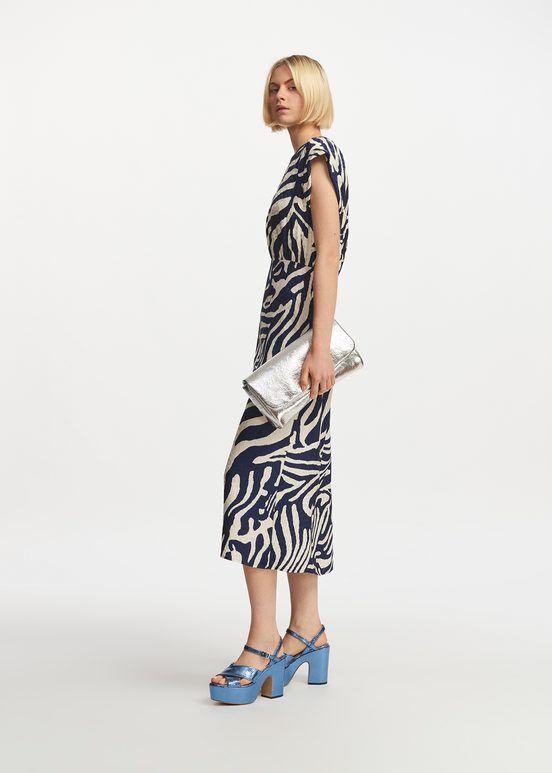 Marineblaues und cremefarbenes Midikleid mit Zebra-Print