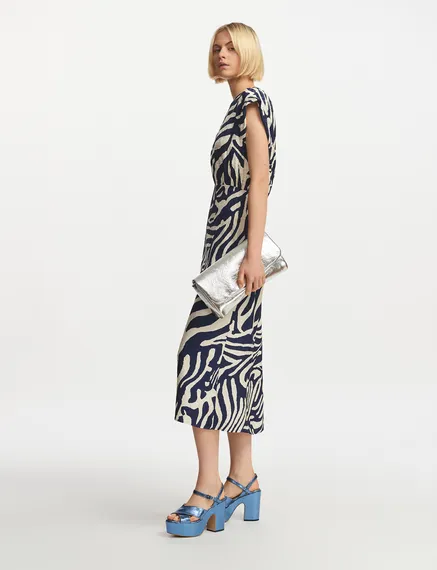 Navy blue and off-white zebra-print midi dress