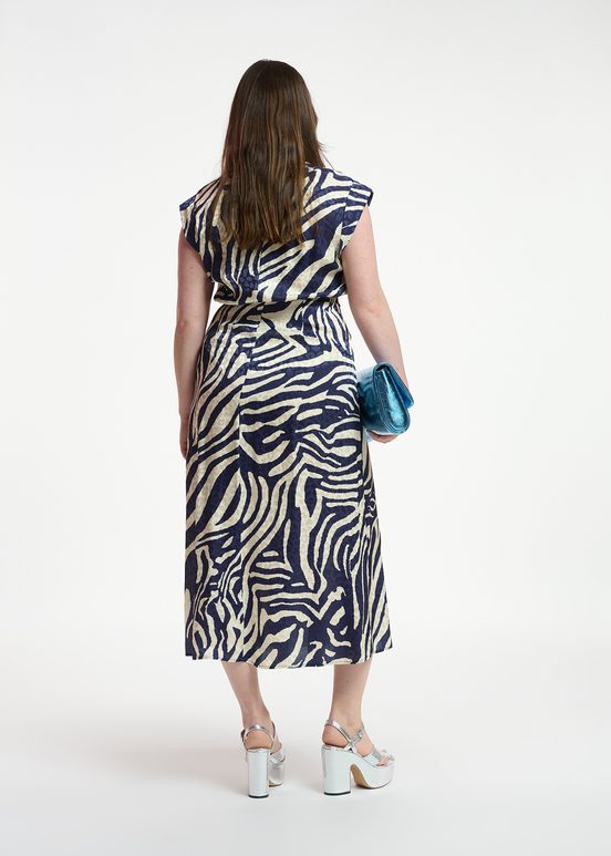 Marineblaues und cremefarbenes Midikleid mit Zebra-Print