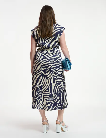 Midi-jurk met marineblauwe en gebroken witte zebraprint