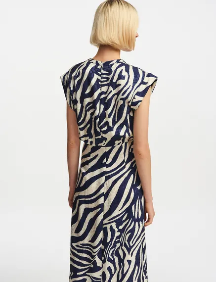 Midi-jurk met marineblauwe en gebroken witte zebraprint