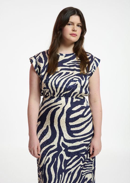 Navy blue and off-white zebra-print midi dress