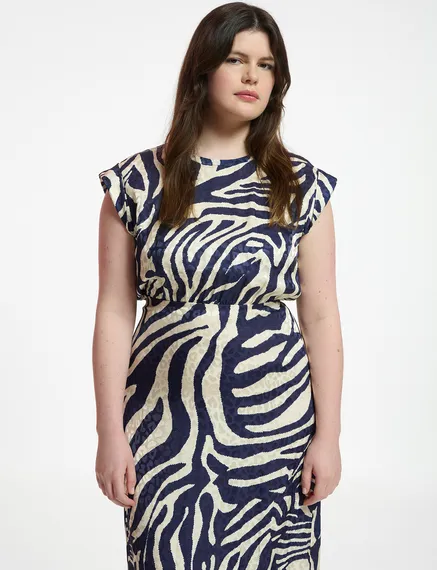 Navy blue and off-white zebra-print midi dress