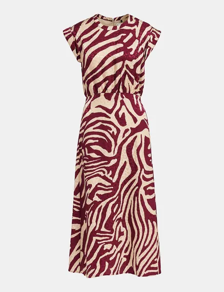 Midi-jurk met bordeaux en ecru zebraprint