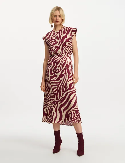 Burgundy and ecru zebra-print midi dress