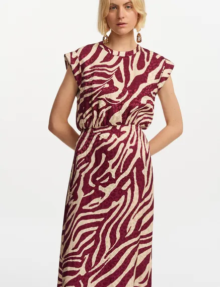 Burgundy and ecru zebra-print midi dress