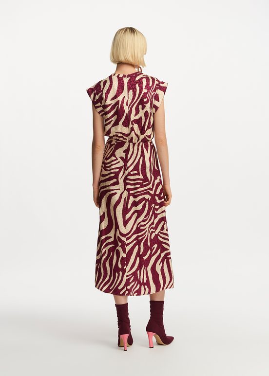 Burgundy and ecru zebra-print midi dress