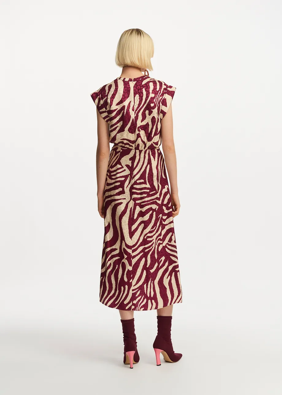 Burgundy and ecru zebra-print midi dress