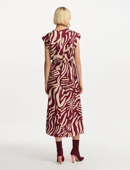 Midi-jurk met bordeaux en ecru zebraprint