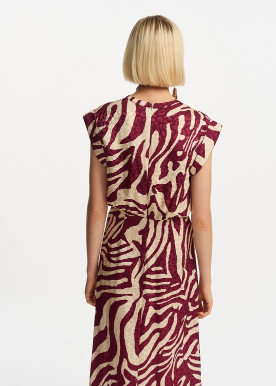 Burgundy and ecru zebra-print midi dress