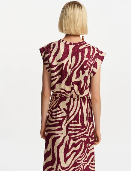 Burgundy and ecru zebra-print midi dress