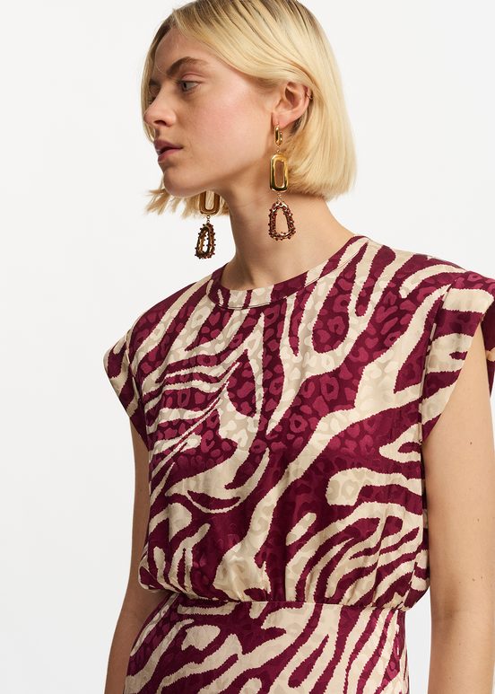 Burgundy and ecru zebra-print midi dress