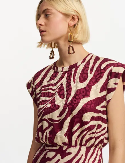 Midi-jurk met bordeaux en ecru zebraprint