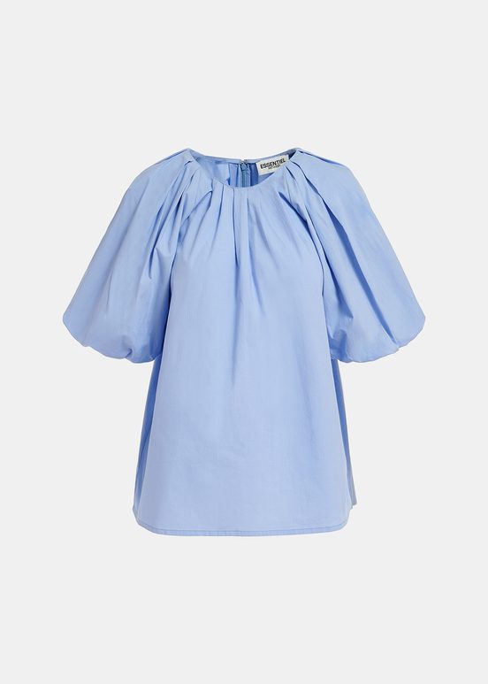 Blue cotton top with puffed sleeves