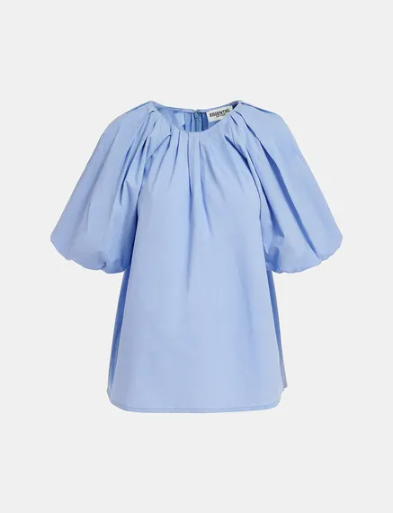 Top en coton bleu à manches bouffantes