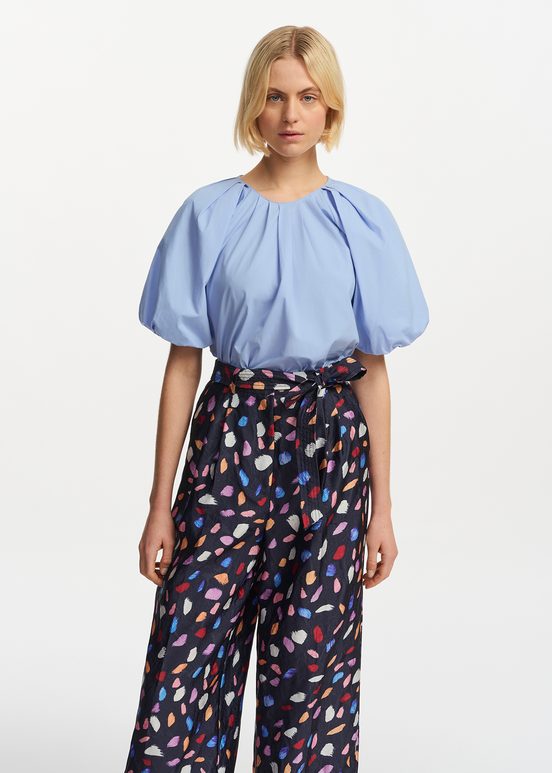 Blue cotton top with puffed sleeves