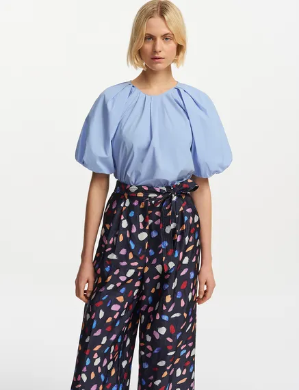 Blue cotton top with puffed sleeves