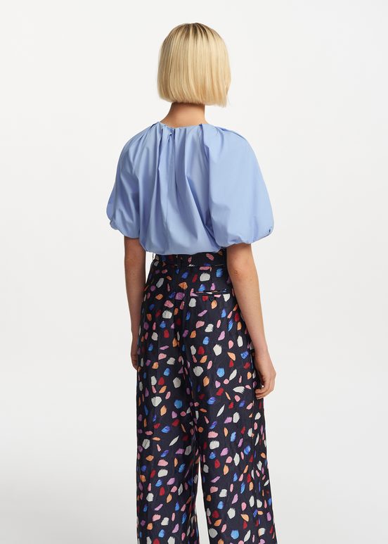 Blue cotton top with puffed sleeves