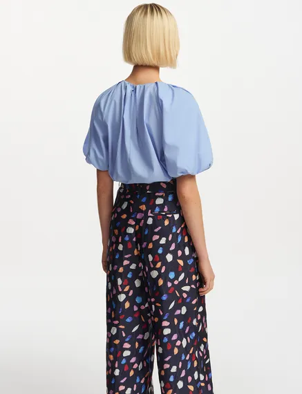 Blue cotton top with puffed sleeves