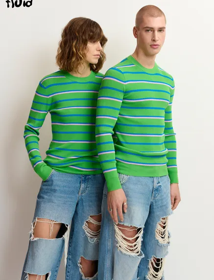 Green, blue and lilac striped knitted sweater