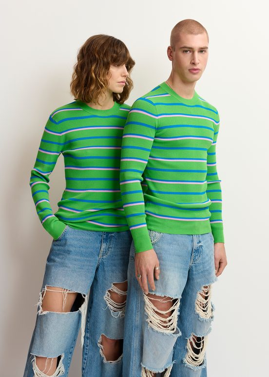 Green, blue and lilac striped knitted sweater