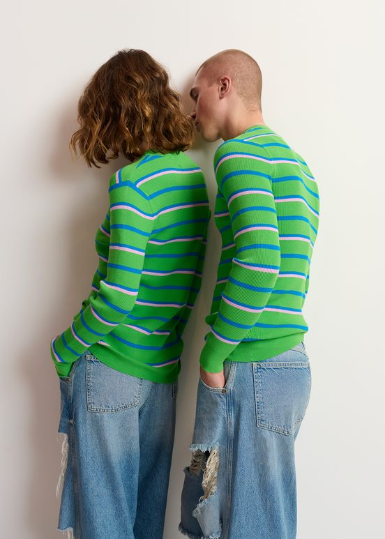 Green, blue and lilac striped knitted sweater