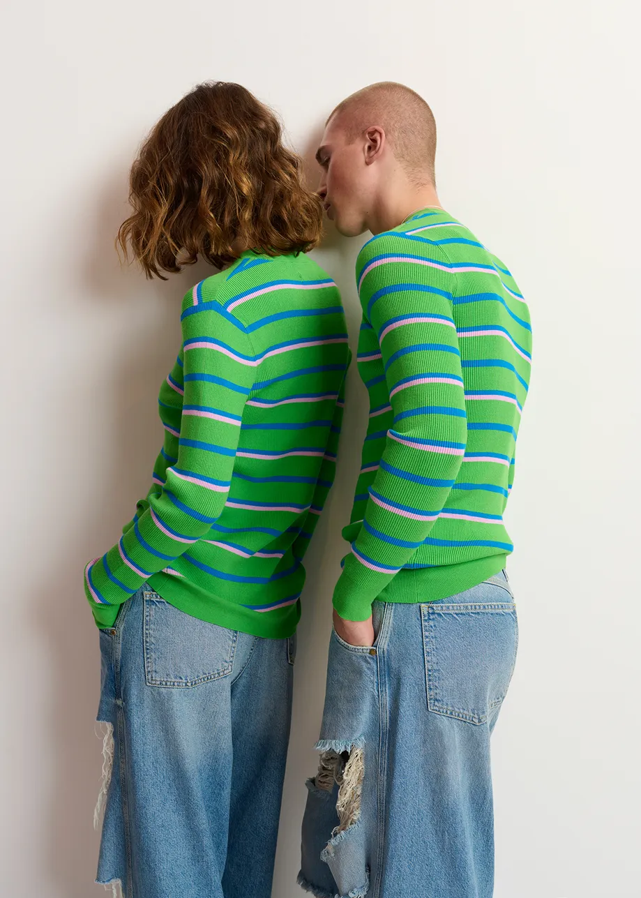 Green, blue and lilac striped knitted sweater