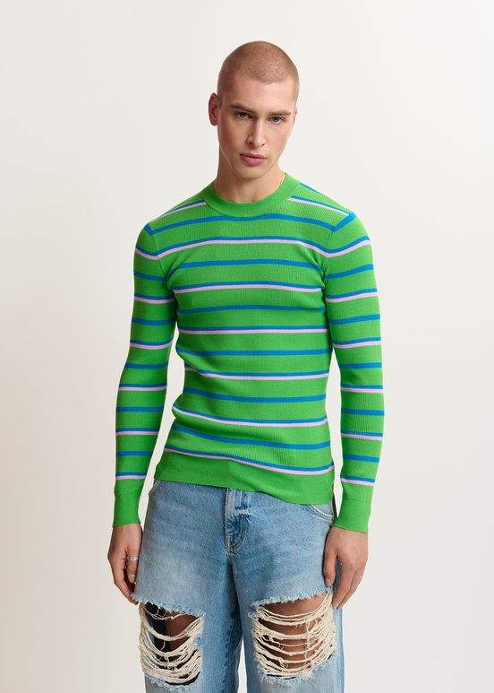 Green, blue and lilac striped knitted sweater