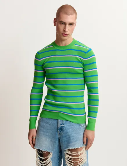 Green, blue and lilac striped knitted sweater