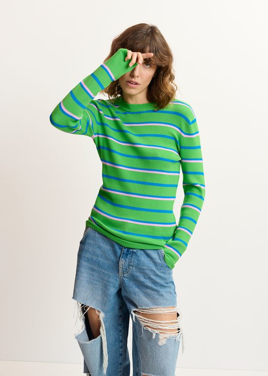 Green, blue and lilac striped knitted sweater