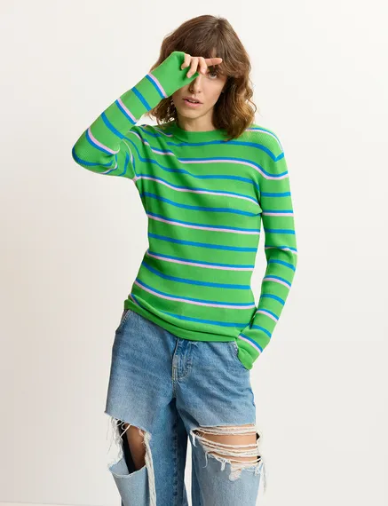 Green, blue and lilac striped knitted sweater